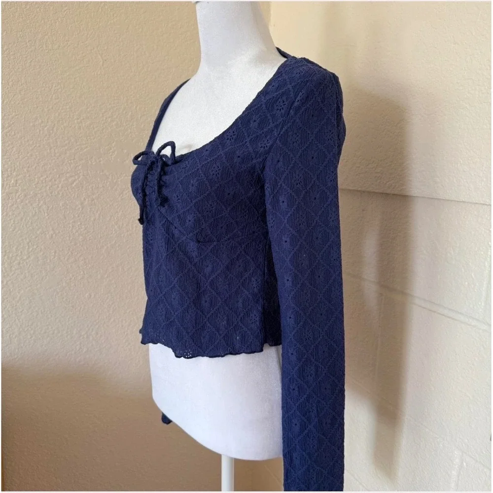 Cotton On Pointelle Tie Front Top Womens Small Navy Blue‎ Long Sleeve Fairycore